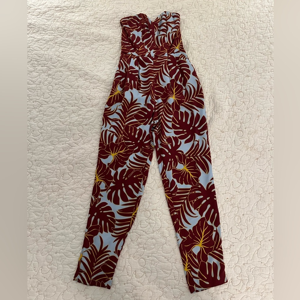 Leaf Print Burgundy and Baby Blue with Gold Accents H&M Jumpsuit
